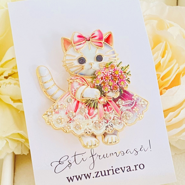 Brosa Pisica Alba cu Flori Roz, Brose Dama, Brose Mari Elegante [8]