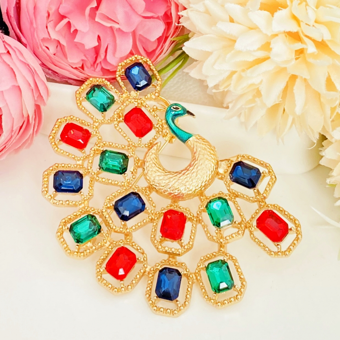 Brosa Paun Cristale Multicolore, Brosa Statement, Brose Femei [1]