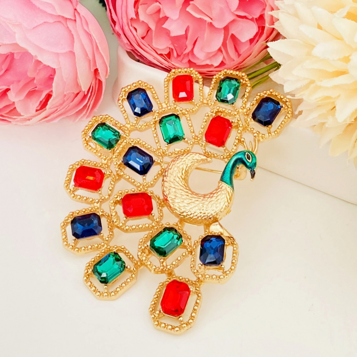 Brosa Paun Cristale Multicolore, Brosa Statement, Brose Femei [2]