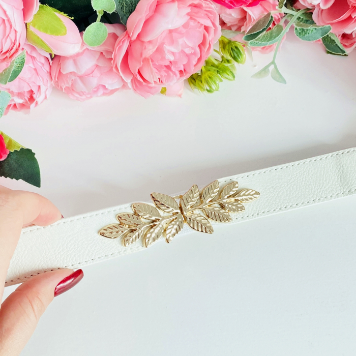 Centura Elastica Alba - Catarama Frunze Aurii, Curea Dama, Curele Femei [6]