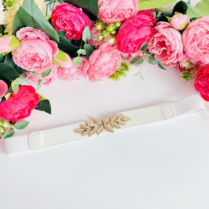 Centura Elastica Alba - Catarama Frunze Aurii, Curea Dama, Curele Femei [2]