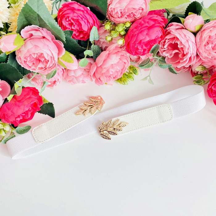 Centura Elastica Alba - Catarama Frunze Aurii, Curea Dama, Curele Femei [4]