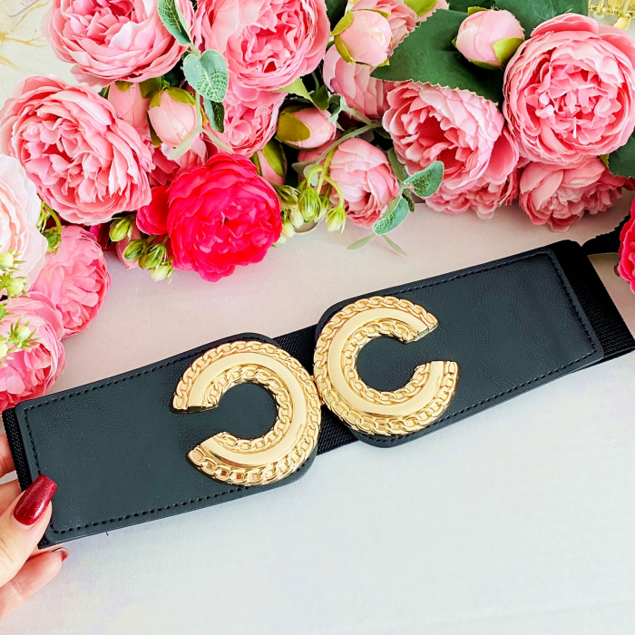 Centura Elastica Neagra - Catarama Aurie CC, Curea Dama, Curele Femei [3]