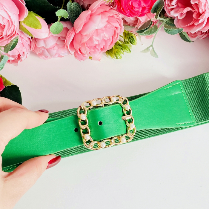 Centura Elastica Verde - Catarama Aurie Perle, Curea Dama, Curele Femei [5]