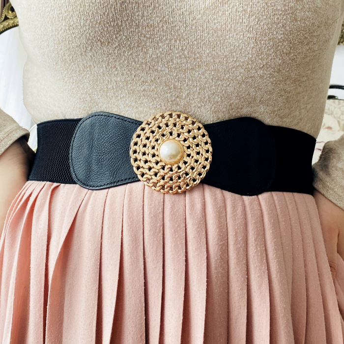 Centura Elastica Neagra - Catarama Aurie cu Perla, Curea Dama, Curele Femei [1]