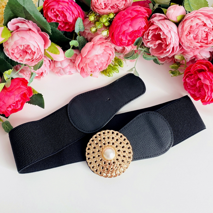 Centura Elastica Neagra - Catarama Aurie cu Perla, Curea Dama, Curele Femei [2]