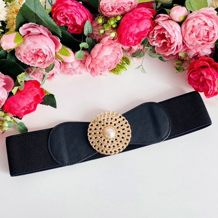 Centura Elastica Neagra - Catarama Aurie cu Perla, Curea Dama, Curele Femei [5]