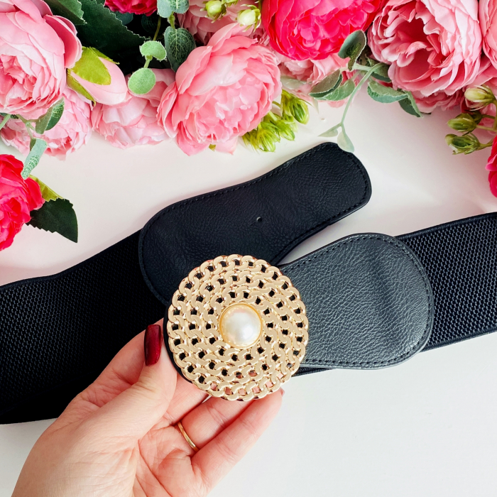 Centura Elastica Neagra - Catarama Aurie cu Perla, Curea Dama, Curele Femei [7]