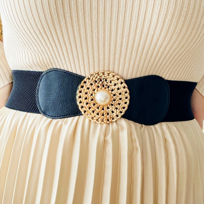 Centura Elastica Neagra - Catarama Aurie cu Perla, Curea Dama, Curele Femei [6]