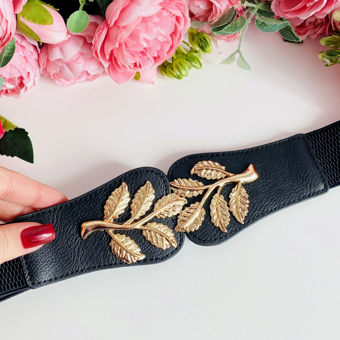 Centura Elastica Neagra - Catarama Frunze Aurii, Curea Dama, Curele Femei [5]