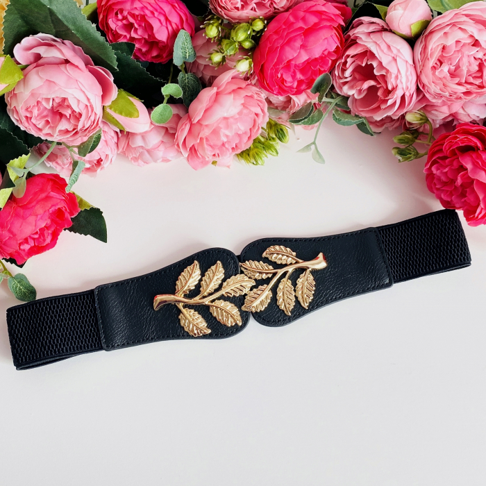 Centura Elastica Neagra - Catarama Frunze Aurii, Curea Dama, Curele Femei [2]