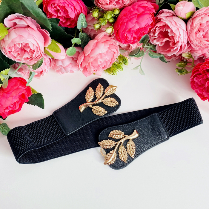 Centura Elastica Neagra - Catarama Frunze Aurii, Curea Dama, Curele Femei [3]