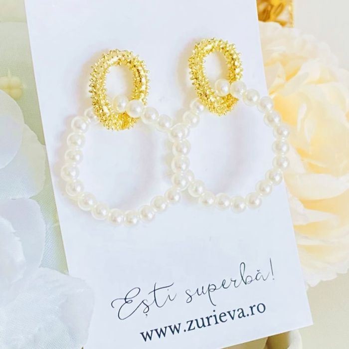 Cercei Aurii Perlute Albe, Cercei Dama, Bijuterii Femei [2]