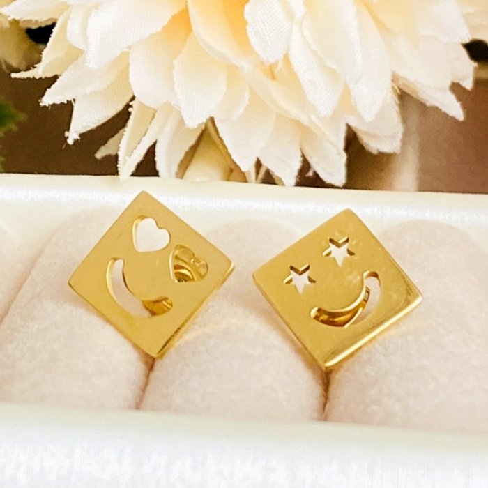 Cercei Aurii Smiley - Otel Inoxidabil, Cercei Surub, Cercei Dama, Bijuterii Inox [2]