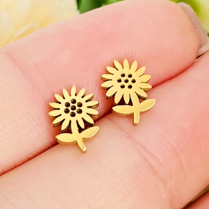 Cercei Mini Floarea Soarelui - Otel Inoxidabil, Cercei Surub, Cercei Dama, Bijuterii Inox [1]