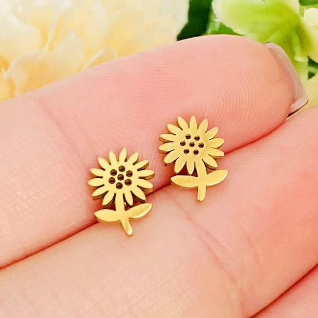 Cercei Mini Floarea Soarelui - Otel Inoxidabil, Cercei Surub, Cercei Dama, Bijuterii Inox [5]