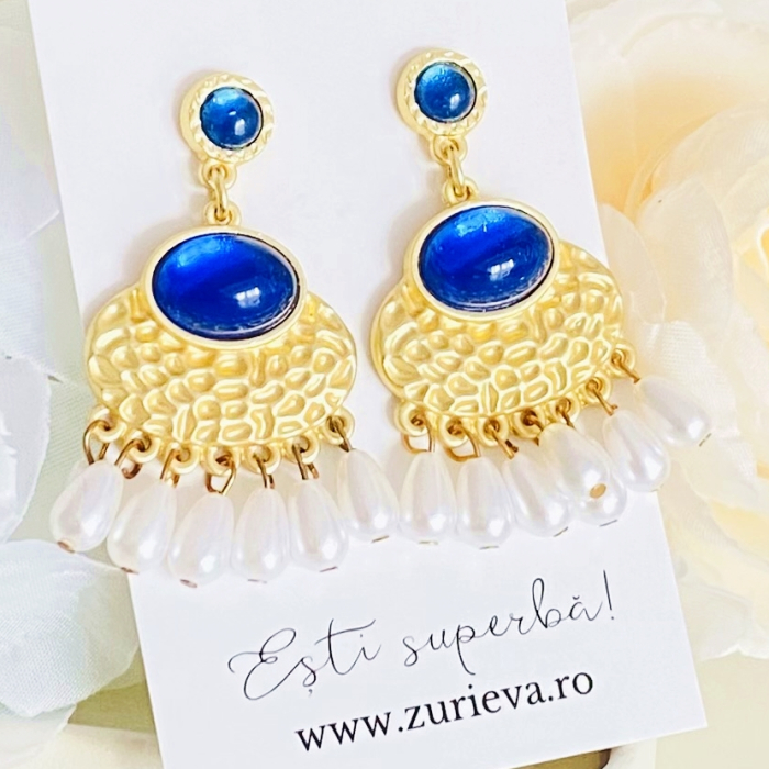 Cercei Lungi Aurii Albastri, Cercei Dama, Bijuterii Femei [4]