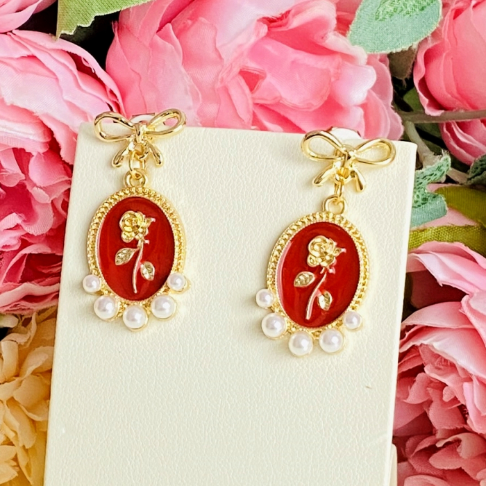 Cercei Clips Gold Bow & Rose - Red, Cercei Dama, Bijuterii Femei [1]