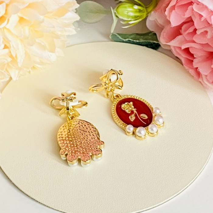 Cercei Clips Gold Bow & Rose - Red, Cercei Dama, Bijuterii Femei [5]