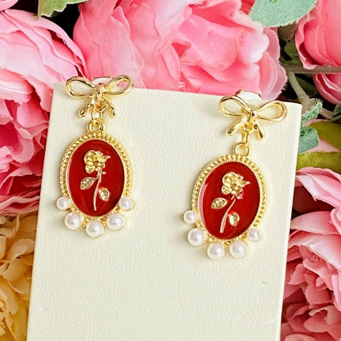 Cercei Clips Gold Bow & Rose - Red, Cercei Dama, Bijuterii Femei [4]