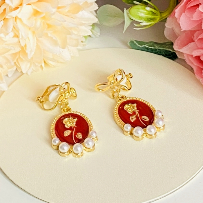 Cercei Clips Gold Bow & Rose - Red, Cercei Dama, Bijuterii Femei [3]