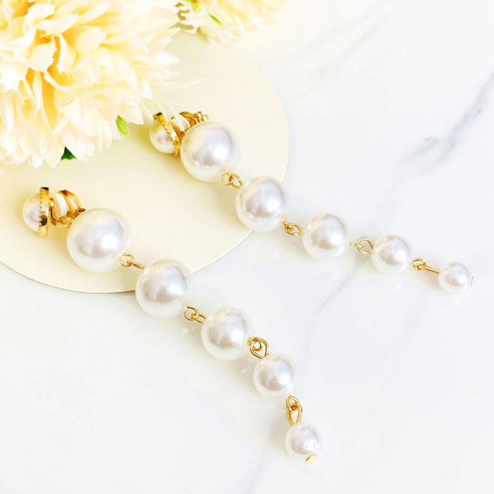 Cercei cu clips, lungi, perle albe, Cercei Dama [3]