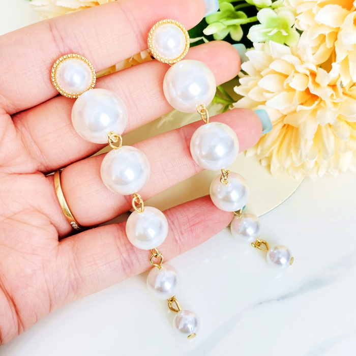 Cercei cu clips, lungi, perle albe, Cercei Dama [4]