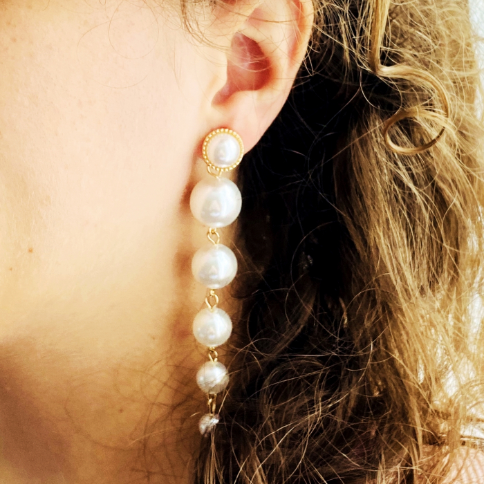 Cercei cu clips, lungi, perle albe, Cercei Dama [2]