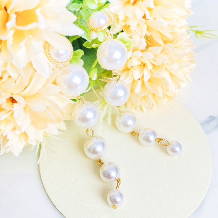 Cercei cu clips, lungi, perle albe, Cercei Dama [5]