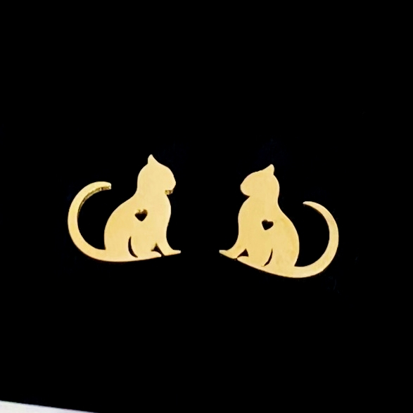 Cercei Cat Love Aurii - Otel Inoxidabil, Cercei Surub, Cercei Dama, Bijuterii Inox [2]