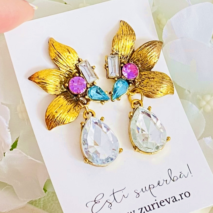 Cercei Floare Aurie & Cristale, Cercei Dama, Bijuterii Femei [4]