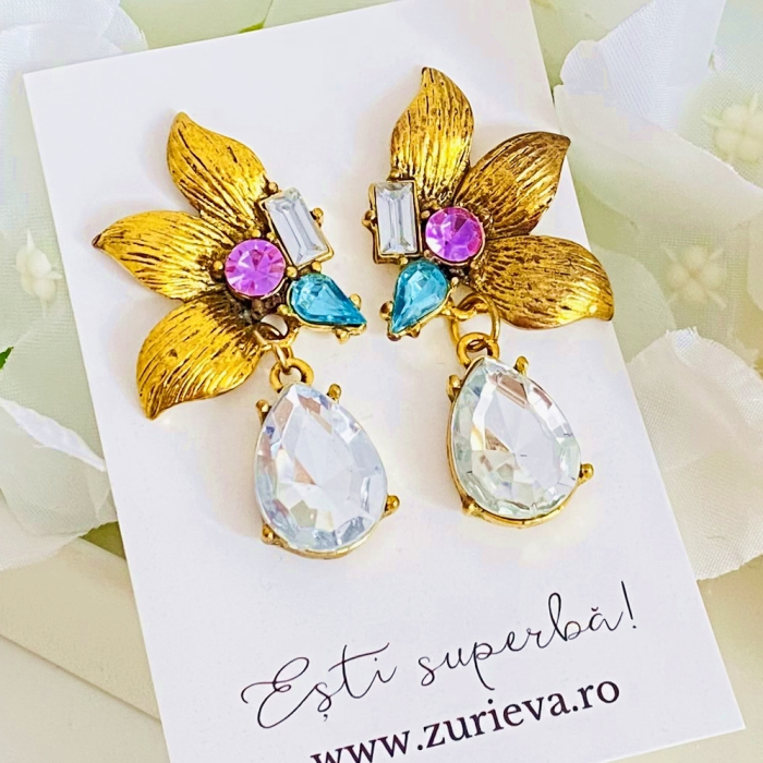 Cercei Floare Aurie & Cristale, Cercei Dama, Bijuterii Femei [10]