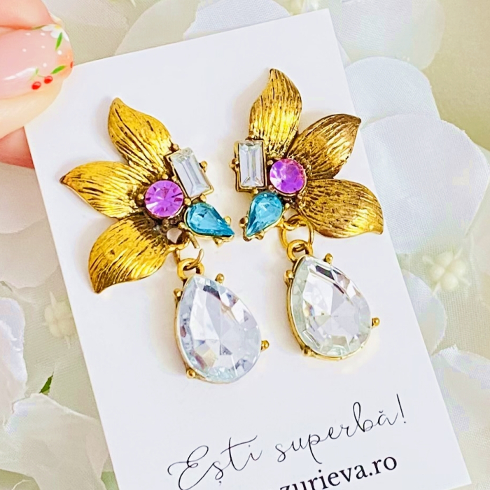 Cercei Floare Aurie & Cristale, Cercei Dama, Bijuterii Femei [7]