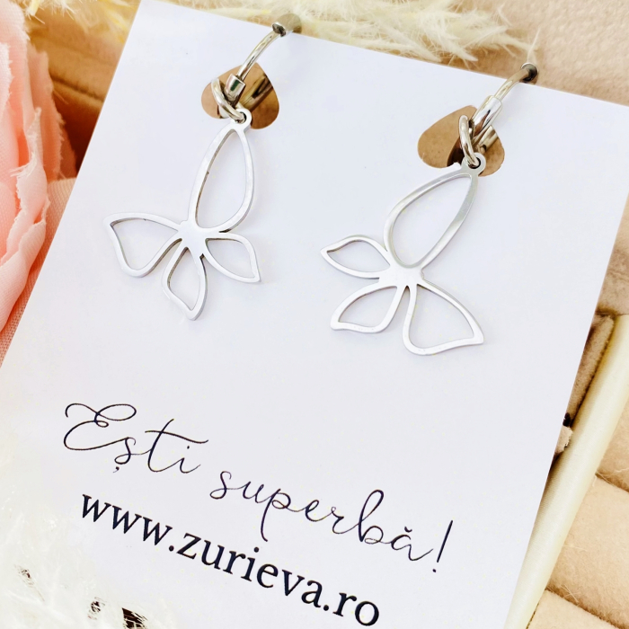 Cercei Fluturi Argintii - Otel Inoxidabil, Cercei Surub, Cercei Dama, Bijuterii Inox [7]