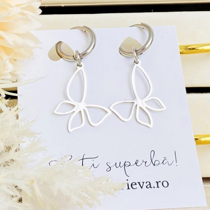 Cercei Fluturi Argintii - Otel Inoxidabil, Cercei Surub, Cercei Dama, Bijuterii Inox [3]