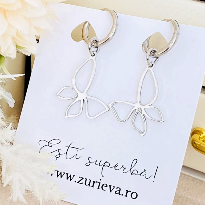Cercei Fluturi Argintii - Otel Inoxidabil, Cercei Surub, Cercei Dama, Bijuterii Inox [4]