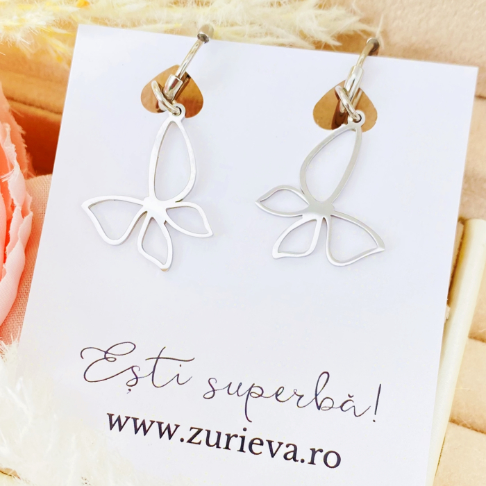 Cercei Fluturi Argintii - Otel Inoxidabil, Cercei Surub, Cercei Dama, Bijuterii Inox [6]