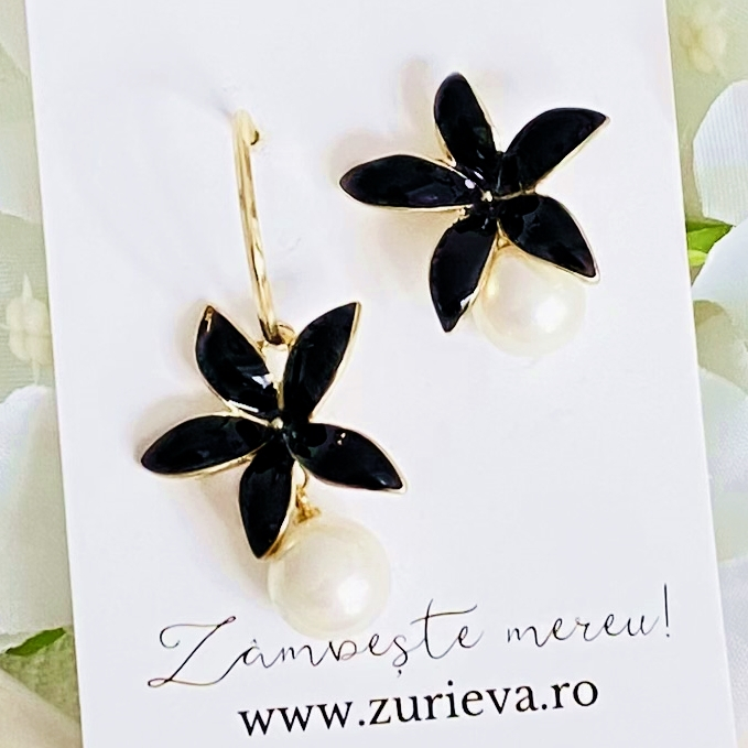 Cercei Flori Email Negru, Cercei Dama, Bijuterii Femei [4]