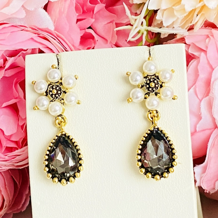 Cercei Flori Perle & Cristale Gri, Cercei Dama, Bijuterii Femei [5]