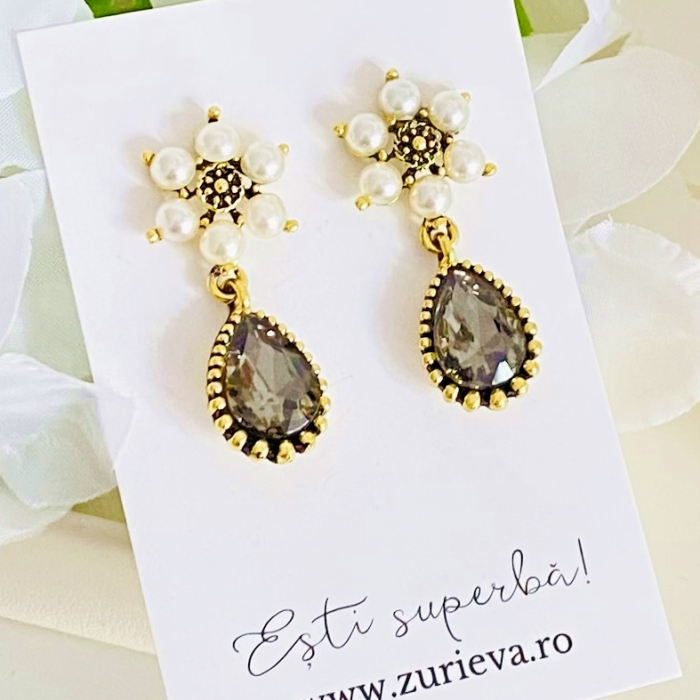 Cercei Flori Perle & Cristale Gri, Cercei Dama, Bijuterii Femei [2]