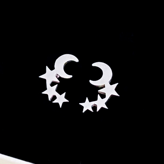 Cercei Luna & Stele Argintii - Otel Inoxidabil, Cercei Surub, Cercei Dama, Bijuterii Inox [2]
