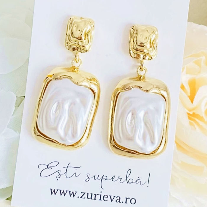 Cercei Lungi Aurii Albi, Cercei Dama, Bijuterii Femei [6]