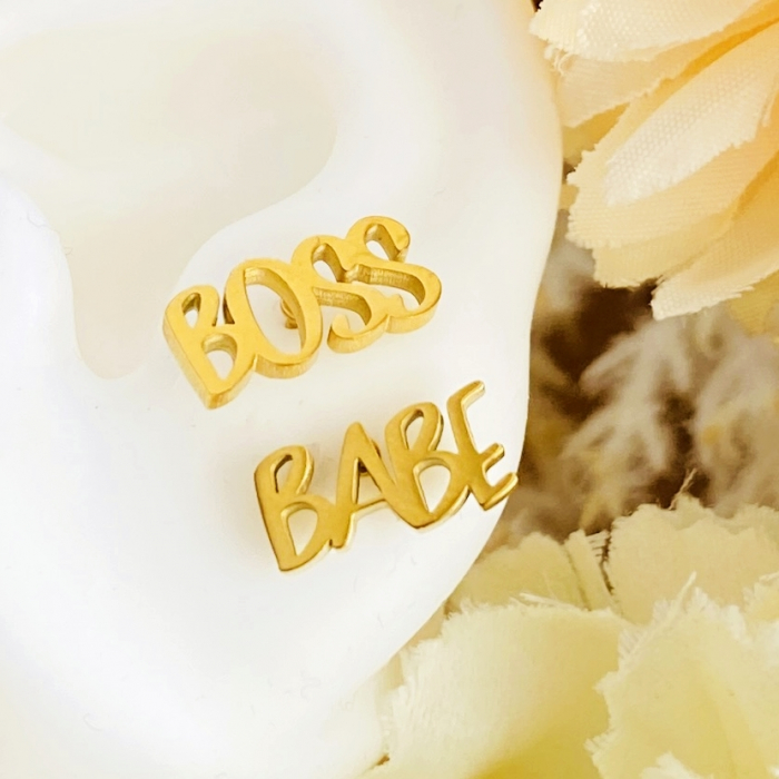 Cercei Aurii Boss Babe - Otel Inoxidabil, Cercei Surub, Cercei Dama, Bijuterii Inox [2]