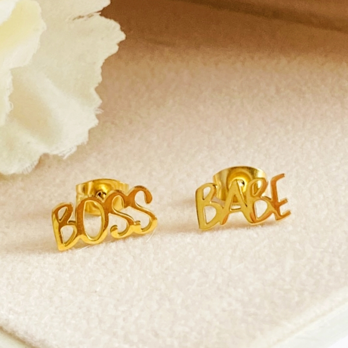 Cercei Aurii Boss Babe - Otel Inoxidabil, Cercei Surub, Cercei Dama, Bijuterii Inox [3]