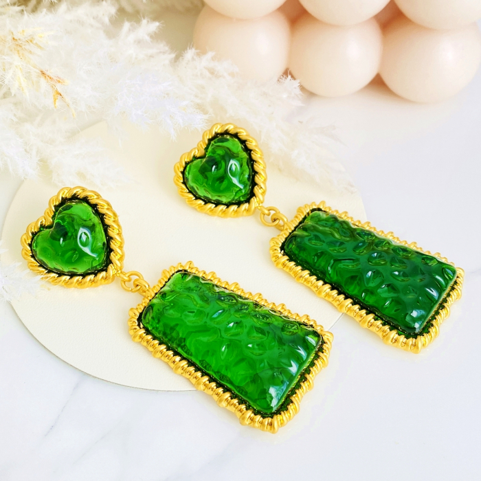 Cercei Lungi Inima Verde Smarald si Auriu, Cercei Dama, Bijuterii Femei [3]