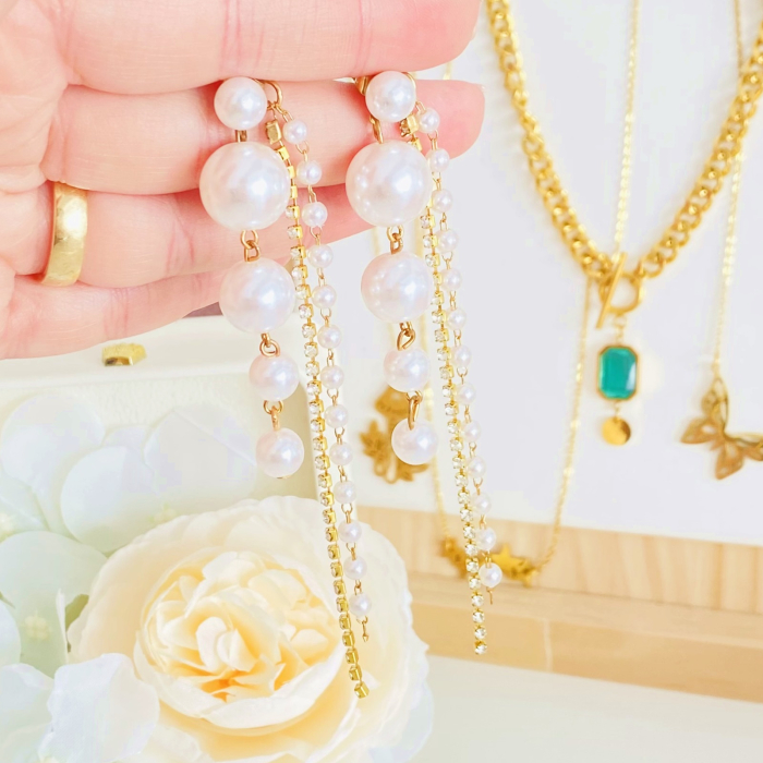 Cercei Lungi 2 in 1 Perle & Cristale, Cercei Mari Dama, Bijuterii Femei [6]