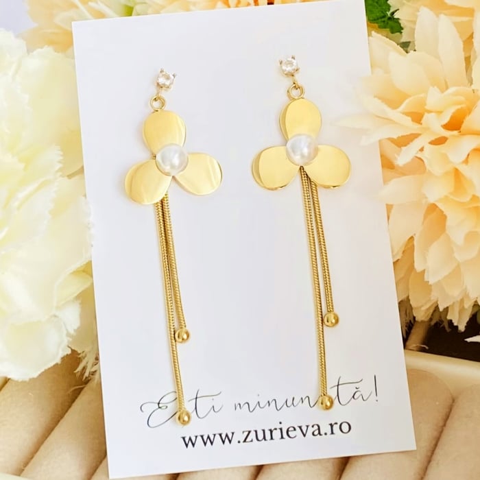 Cercei Eleganti Lungi Floare Perla - Otel Inoxidabil, Cercei Surub, Cercei Dama, Bijuterii Inox [2]