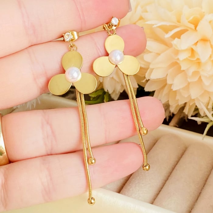 Cercei Eleganti Lungi Floare Perla - Otel Inoxidabil, Cercei Surub, Cercei Dama, Bijuterii Inox [6]