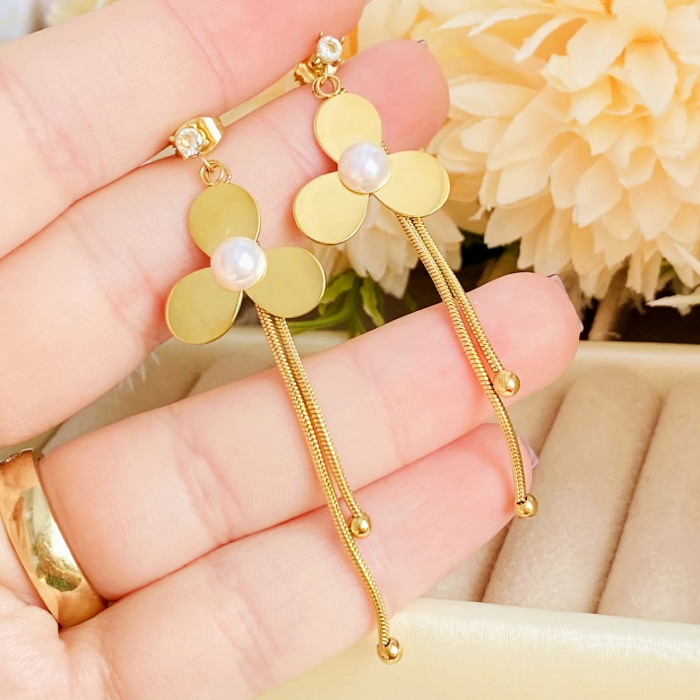 Cercei Eleganti Lungi Floare Perla - Otel Inoxidabil, Cercei Surub, Cercei Dama, Bijuterii Inox [3]