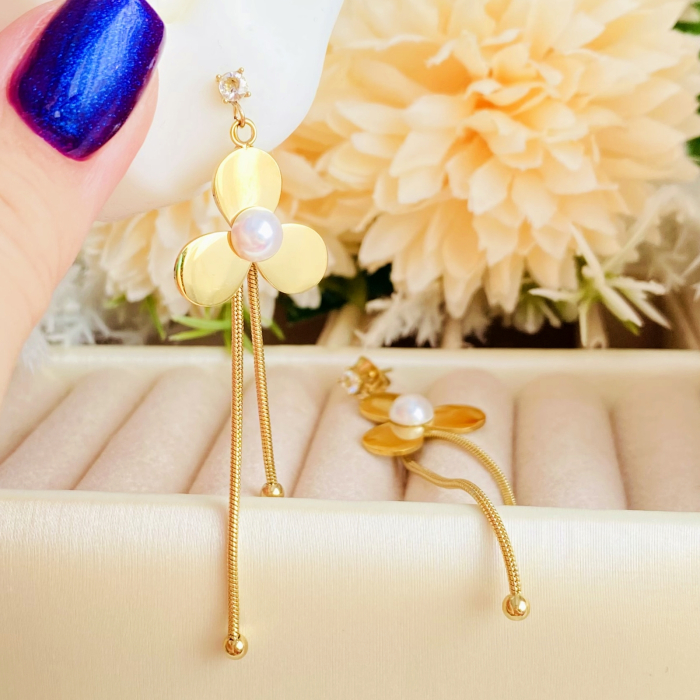 Cercei Eleganti Lungi Floare Perla - Otel Inoxidabil, Cercei Surub, Cercei Dama, Bijuterii Inox [1]